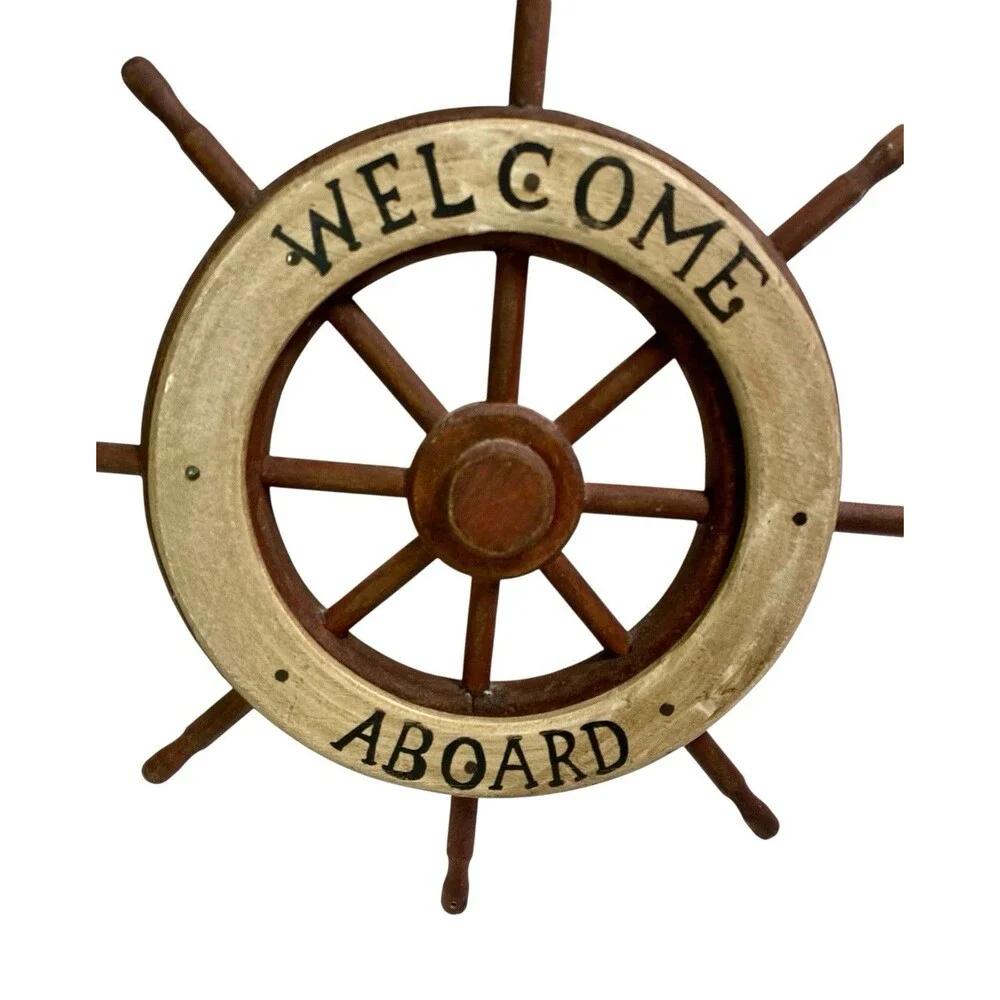 Welcome Aboard Nautical Wood Sign, Ship Wheel, Seagull Beach Decor 12x10